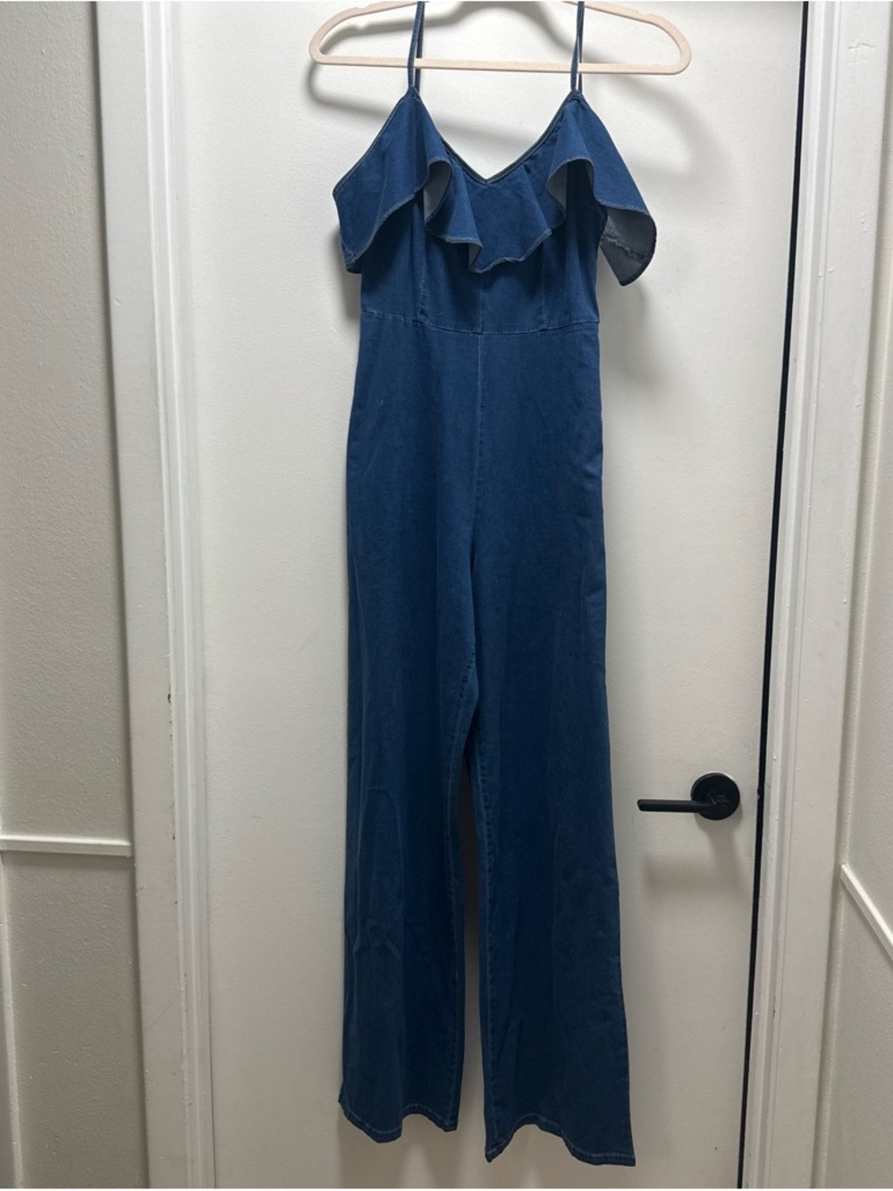 a'gaci Blue Denim Off-Shoulder Wide-Leg Jumpsuit